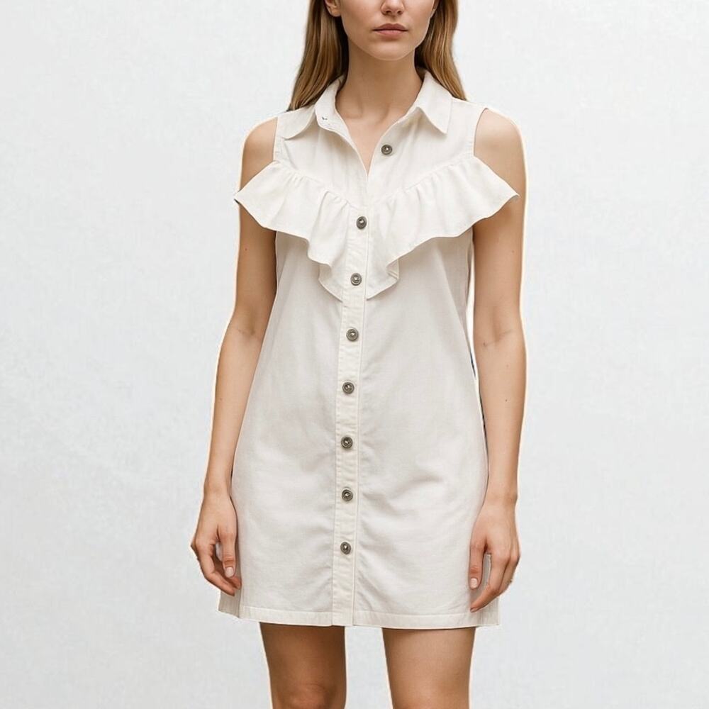 Zara Denim Ruffle Button Front Mini Dress White Jean Size XS
